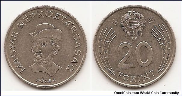 20 Forint
KM#630
7.0600 g., Copper-Nickel, 26.8 mm. Subject: György Dózsa Obv: Head looking left Rev: Small shield above denomination Edge: Reeded
