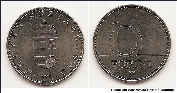 10 Forint
KM#695
6.1000 g., Copper-Nickel Clad Brass, 25 mm. Obv: Crowned
shield Rev: Denomination