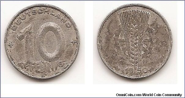 10 Pfennig Demokratic Republic
KM#3
Aluminum Obv: Denomination Rev: Cogwheel back of grain
sprigs Note: Also exists with medallic die rotation (1950E).