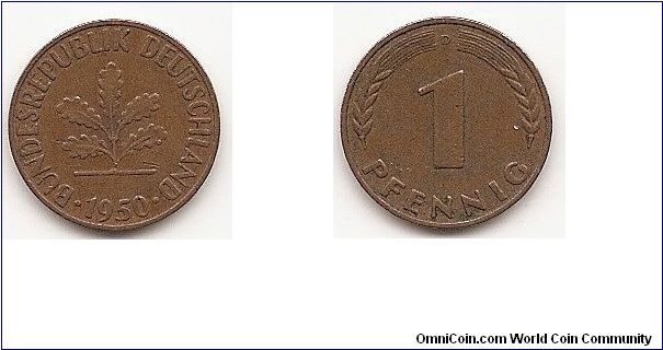 1 Pfennig Federal Republic
KM#105
2.0000 g., Copper Plated Steel, 16.5 mm. Obv: Five oak leaves,
date below Obv. Leg.: BUNDES REPUBLIK DEUTSCHLAND
Rev: Denomination