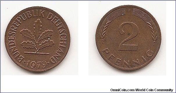 2 Pfennig Federal Republic
KM#106a
2.9000 g., Bronze Clad Steel, 19.25 mm. Obv: Five oak leaves,
date below Rev: Denomi