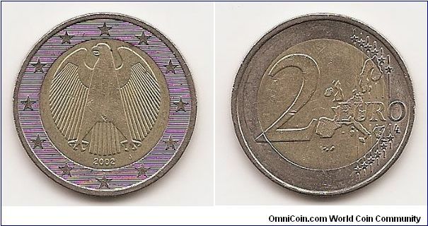 2 Euro
KM#214
8.50 g., Bi-Metallic Nickel-Brass center in Copper-Nickel ring, 25.75 mm. Obv: Stylized eagle Rev: Denomination and map Edge: Reeded and “EINIGKEIT UND RECHT UND FREIHEIT”