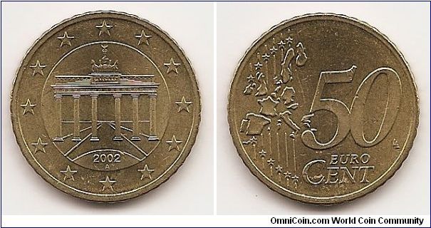 50 Euro cents
KM#212
7.8100 g., Brass, 24.2 mm. Obv: Brandenburg Gate Obv.
Designer: Reinhard Heinsdorff Rev: Denomination and map
Rev. Designer: Luc Luycx Edge: Reeded