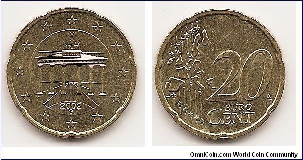 20 Euro cents
KM#211
5.7300 g., Brass, 22.2 mm. Obv: Brandenburg Gate Obv.
Designer: Reinhard Heinsdorff Rev: Denomination and map
Rev. Designer: Luc Luycx Edge: Notched