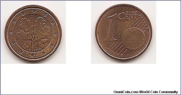 1 Euro cent
KM#207
2.2700 g., Copper Plated Steel, 16.3 mm. Obv: Oak leaves
Obv. Designer: Rolf Lederbogen Rev: Denomination and globe
Rev. Designer: Luc Luycx Edge: Plain