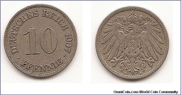 10 Pfennig
Empire
KM#12
3.7200 g., Copper-Nickel, 21.11 mm. Ruler: Wilhelm II Obv:
Denomination, date at right Rev: Crowned imperial eagle with
shield on breast Note: Struck from 1890-1916.