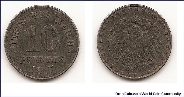 10 Pfennig
Empire
KM#20
3.6000 g., Iron Obv: Denomination, date below Rev: Crowned
imperial eagle with shield on breast, beaded border