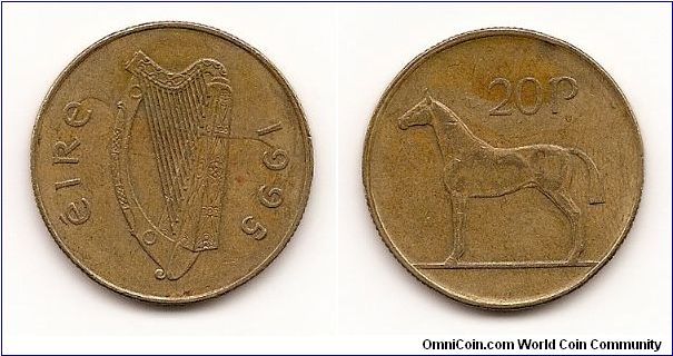 20 Pence
KM#25
8.4700 g., Nickel-Bronze, 27.1 mm. Obv: Irish harp Rev: Horse
Edge: Alternating plain and reeded