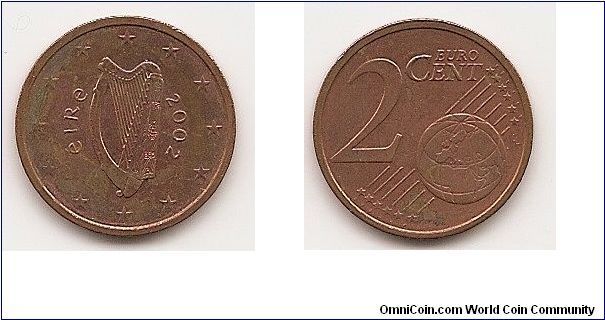 2 Euro cents
KM#33
3.0000 g., Copper Plated Steel, 18.75 mm. Obv: Harp Obv.
Designer: Jarlath Hayes Rev: Denomination and globe Rev.
Designer: Luc Luycx Edge: Plain with groove