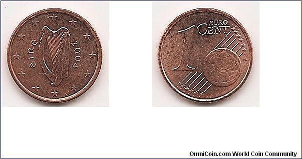 1 Euro cent
KM#32
2.2700 g., Copper Plated Steel, 16.25 mm. Obv: Harp Obv.
Designer: Jarlath Hayes Rev: Denomination and globe Rev.
Designer: Luc Luycx Edge: Plain
