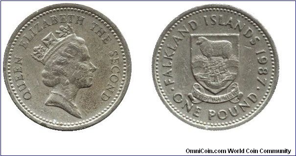 Falkland Islands, 1 pound, 1987, Ni-Brass, Queen Elizabeth the Second, Desire the Right.                                                                                                                                                                                                                                                                                                                                                                                                                            