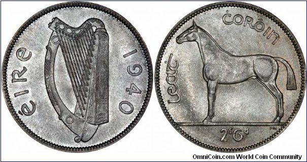 Harp and name 'Eire' which is Gaelic for harp, on obverse of Irish halfcrown (leat coroin). Reverse is a horse, an Irish Hunter, design by Percy Metcalf.