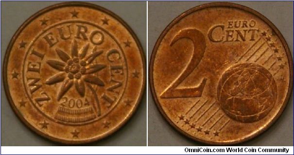 2 Euro cent, coin features the edelweiss, Copper-covered steel, 18.75 mm