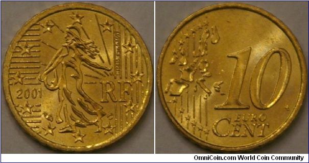 10 Euro cent, theme of the sower is a constant in the history of the French franc. Nordic gold, 19.75 mm