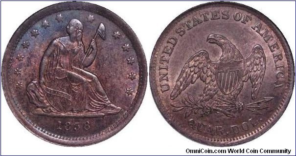 1838 SEATED LIBERTY QUARTER (No Drapery).  This was the first year of the Seated  Liberty Quarter design and one of only 3 date/mm combinations available for the No Drapery type.  This unquestionably original example is generally well struck, with slight flatness on stars  6-8, and some weakness at Liberty's hair.  The surfaces are very clean, with no distracting marks.  Deep bunrt- rose coloring blankets each side, with splashes of cobalt-blue adorning the obverse rims.  Despite a high mintage