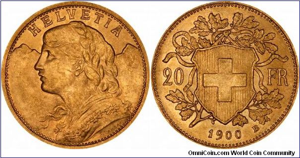 Swiss 'Vreneli' or 'Vrenelli' gold 20 francs were issued from 1897 to 1949, with a few breaks. Although we consider them as gold bullion coins, they are also very collectable, Uncirculated of EF specimens can be bought for little more than pure bullion coins. he model for the portrait was Francoise Engli.