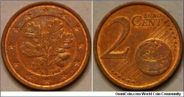 2 Euro cent, image of the oak twig, reminiscent of that found on the former German pfennig coins, Copper-covered steel, 18.75 mm, quallity seems to quickly degrade on these lower denomination Euro coins