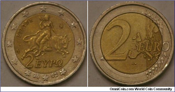 2 euro, 26 mm, Europa being abducted by Zeus, (compare with my other Greek 2 Euro with S mintmark in bottom star)