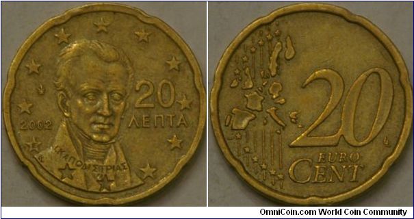 20 Euro cent/20 Lepta, Ioannis Capodistrias First Governor of Greece (1830-31) following the Greek War of Independence. Nordic gold, 22.25 mm, E mintmark