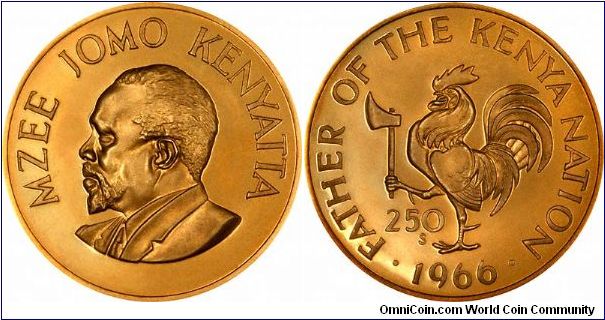 Kenya's first ever gold coins issue was in 1966, to commemorate the 75th anniversary of President Jomo Kenyatta's birth. 'Father of the Kenya Nation' claims proclamation on the on the reverse. Does this mean he was sexually very active?