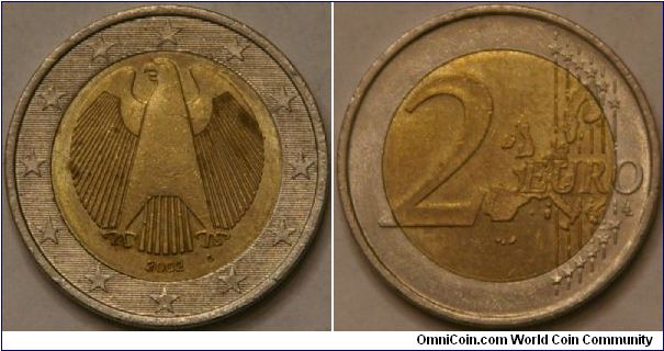 2 Euro, traditional eagle symbol of German sovereignty, outer Cu-NI, Bi-metalic inner layered Ni-Brass--Ni--Ni-Brass, 25.75 mm, D mintmark