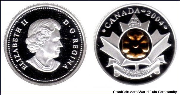 2004 gold poppy quarter - This coin came with the 2004 Royal Canadian Mint Annual Report. It features a gold plated poppy on a sterling silver (.925 Ag, .075 Cu) coin. The Obverse was deigned by Susanna Blunt and the reverse by RCM engraver Cosme Saffioti.