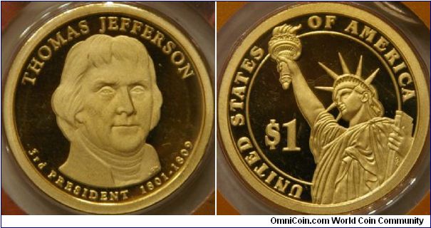 3rd presidential series dollar, Thomas Jefferson, 26.5 mm, Manganese-Brass (Cu, Zn, Mn, Ni)