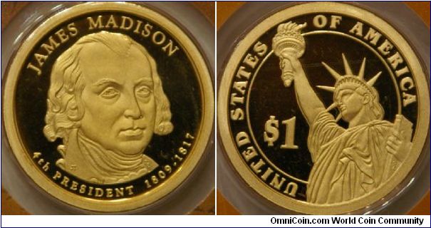 4th presidential series dollar, James Madison, 26.5 mm, Manganese-Brass (Cu, Zn, Mn, Ni)