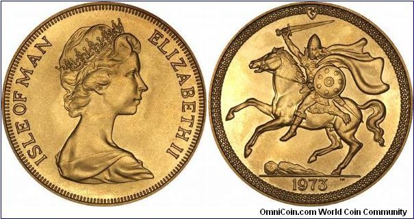 There were no British gold sovereigns minted in 1973, so this Manx sovereign often provides a substitute. The reverse shows a Norse warrior on horseback, making this very similar in appearance to the St. George and dragon reverse which is so familiar on British sovereigns.
The mintage is also relatively low at 40,000 pieces.