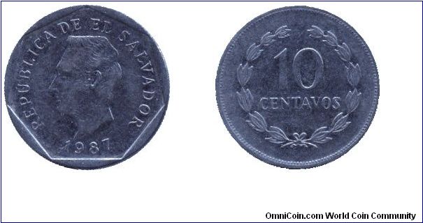 El Salvador, 10 centavos, 1987, Steel, General Francisco Morazan.                                                                                                                                                                                                                                                                                                                                                                                                                                                   