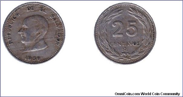 El Salvador, 25 centavos, 1986, Cu-Ni, Jose Matias Delgado.                                                                                                                                                                                                                                                                                                                                                                                                                                                         