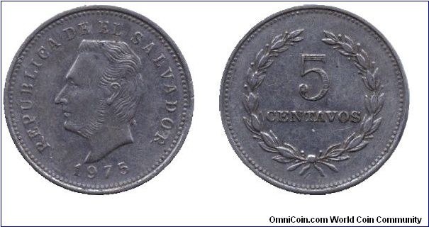 El Salvador, 5 centavos, 1975, Cu-Ni-Steel, General Francisco Morazan.                                                                                                                                                                                                                                                                                                                                                                                                                                              