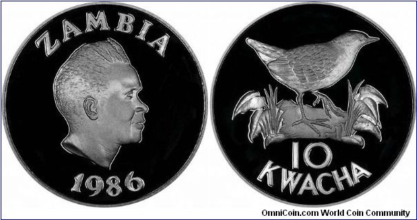 Kenneth Kaunda on the obverse of this Zambian silver proof 10 Kwacha crown. White winged flufftail on Reverse, part of 1986 / 1987 WWF international collection.