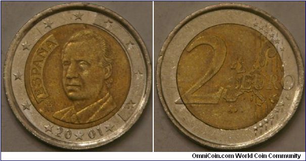 2 Euro, King Juan Carlos, outer Cu-NI, inner layered Ni-Brass--Ni--Ni-Brass, 25.75 mm