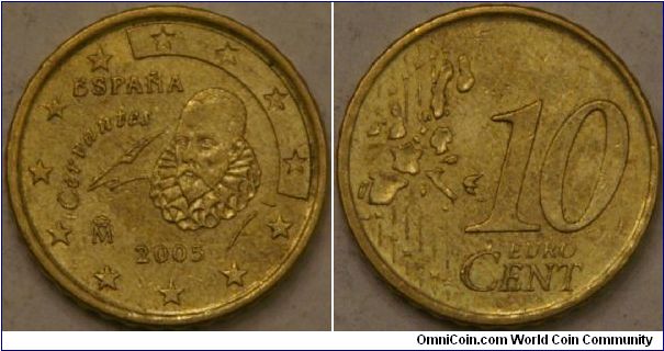 10 Euro cent, Miguel de Cervantes, the father of Spanish literature,  Nordic gold, 19.75 mm