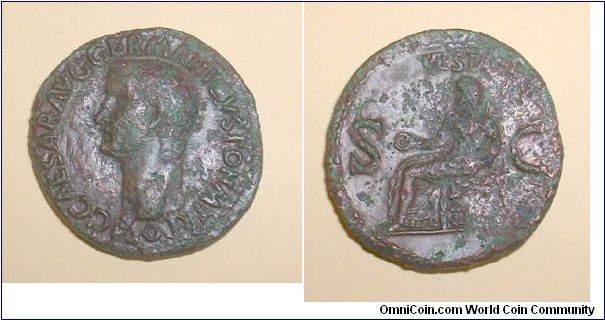 CALIGULA As. 40-41 AD. C CAESAR DIVI AVG PRON AVG P M TR P IIII P P, bare head left / VESTA, S C across field, Vesta seated left on throne, holding patera and sceptre.