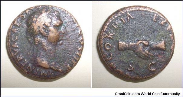 NERVA As
Obv.: IMP NERVA CAES AVG P M TR P COS II P P, laureate head right 
Rev.: CONCORDIA EXERCITVVM S-C, clasped hands.