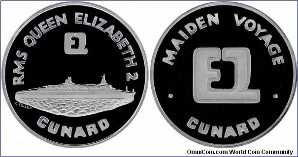 Large (65 mm) palladium medallion to commemorate the maiden voyage of Cunard's flagship ocean liner Queen Elizabeth II.
