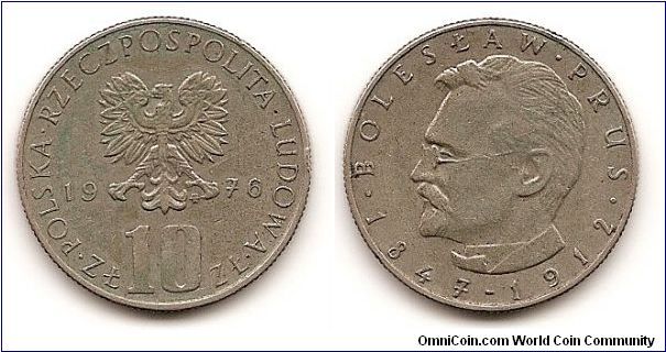 10 Zlotych
Y#73
7.7000 g., Copper-Nickel, 25 mm. Obv: Eagle with wings open
divides date Rev: Head of Boleslaw Prus left Edge: Reeded