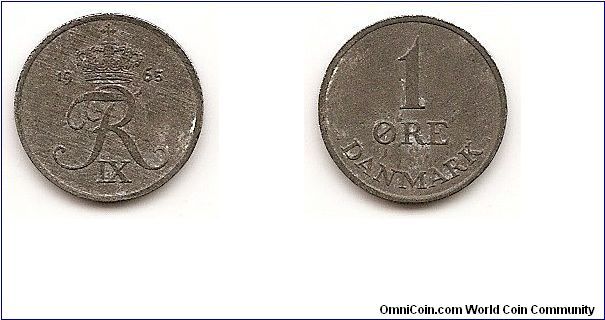 1 Ore
KM#839.2
1.6000 g., Zinc, 16 mm. Ruler: Frederik IX Obv: Crowned FIXR
monogram and date Rev: Mint mark, initials C-S below value
