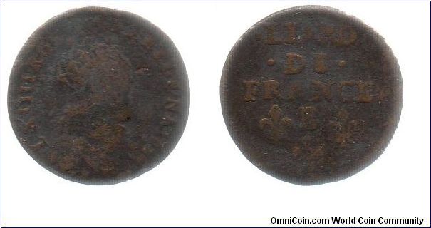 Liard de France - 1656 - Louis XIIII B (Rouen) Besides being used in France, these were often imported for use in New France (Canada) Originally the Liard circulated as a 6-denier piece. (double it's value in France) In 1664 the Order of Sovereign Council officially reduced the value to 2 deniers.