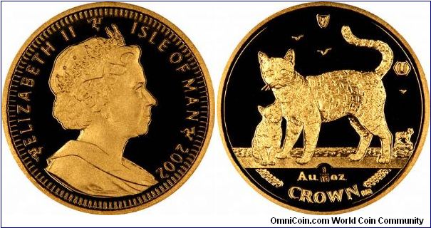 Bengal cat & kitten on reverse of 2002 Manx tenth ounce gold 'crown'.