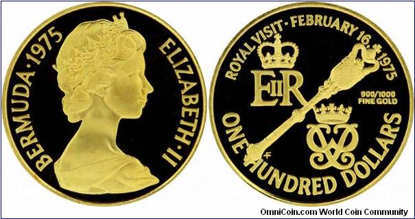 Gold proof $100 to commemorate the Queen's  Royal Visit on 16th February  1975.