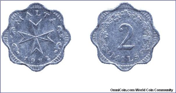 Malta, 2 mils, 1972, Al, Maltese cross, unusual shape.                                                                                                                                                                                                                                                                                                                                                                                                                                                              