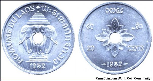 Kingdom of Laos, 20 cents, 1952, Al, holed, Elephants.                                                                                                                                                                                                                                                                                                                                                                                                                                                              