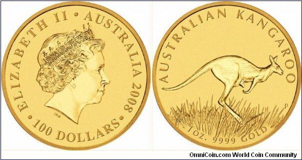 Next year's Australian gold nugget one ounce bullion coin by the Perth Mint. Kangaroo with Joey. Five sizes from 1 ounce to 1/20th ounce, release date 12th October 2007.