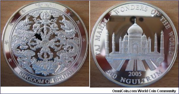 500 Ngultrum - Taj Mahal - 62.2 g Ag 999 - mintage unknown
