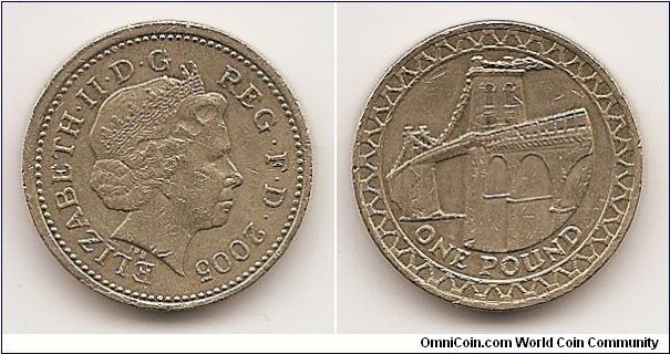 1 Pound
KM#1051
9.50 g., Nickel-Brass, 22.5 mm. Ruler: Elizabeth II Obv: Head with tiara right Rev: Menai Bridge to the Isle of Anglesey Edge: Reeded and ornamented Mint: British Royal Mint