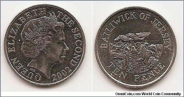 10 Pence
KM#106
Copper-Nickel, 24.5 mm. Ruler: Elizabeth II Obv: Head with
tiara right Obv. Designer: Ian Rank-Broadley Rev: La Hougne
Bie, Faldouet, St. Marti