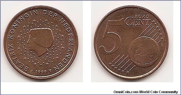 5 Euro cents
KM#236
3.9000 g., Copper Plated Steel, 21.25 mm. Ruler: Beatrix Obv:
Head left among stars Rev: Value and globe Edge: Plain